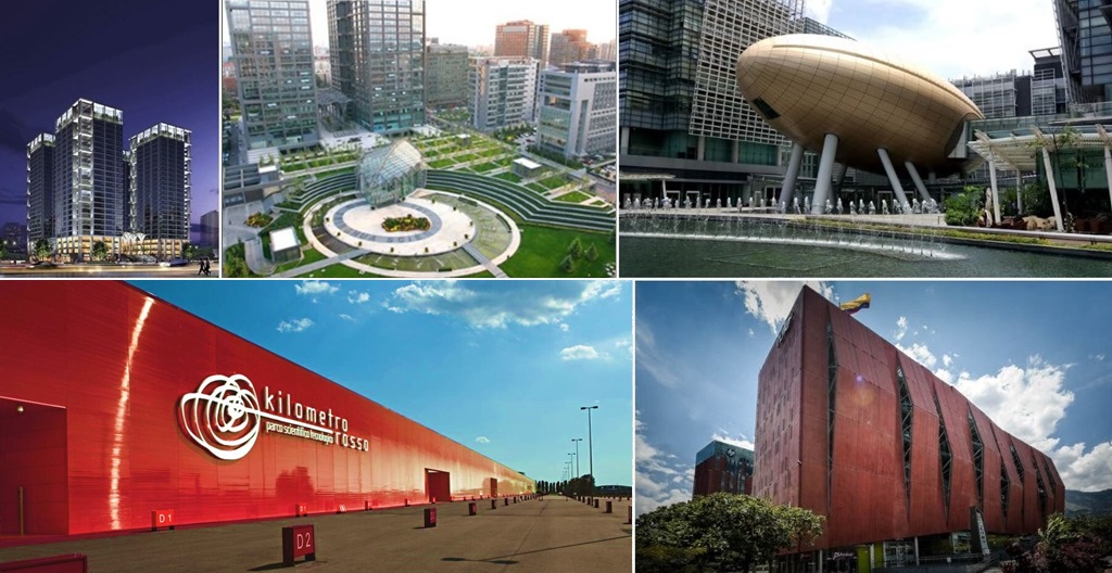 Iconic buildings at TusPark, Hong Kong Science and Technology Parks, Kilometro Rosso and Ruta N Medellín