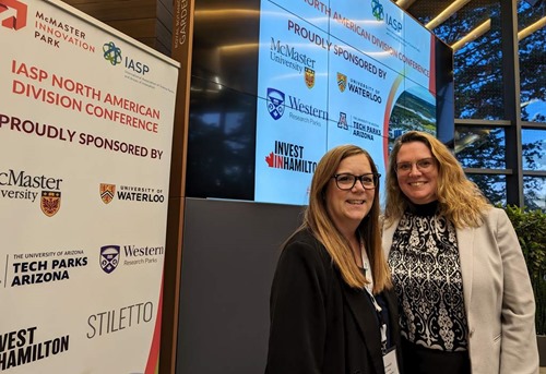 Carol Stewart, outgoing IASP North American Division President, with Karine Guilbault, CEO, Saint-Hyacinthe Technopole.