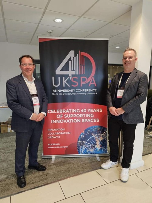 Dirk Shaefer, University of Warwick Science Park (host - left) and James Chaffer, UKSPA (right)