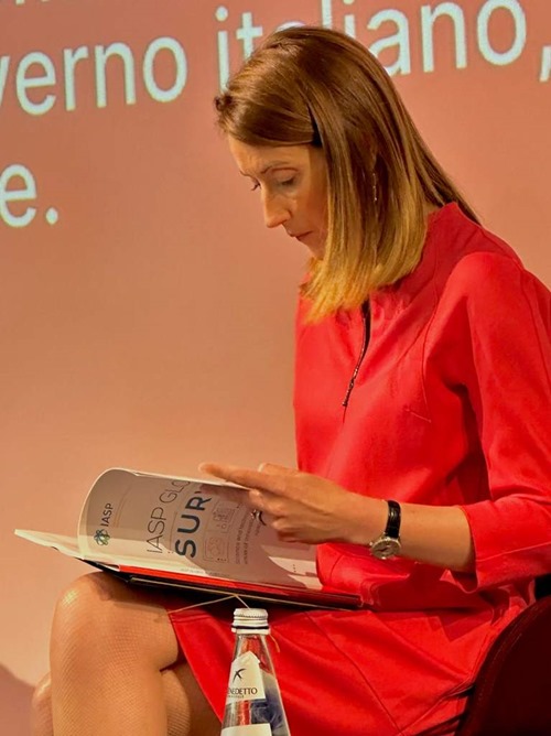 European Parliament President Roberta Metsola reading the IASP Global Survey Report