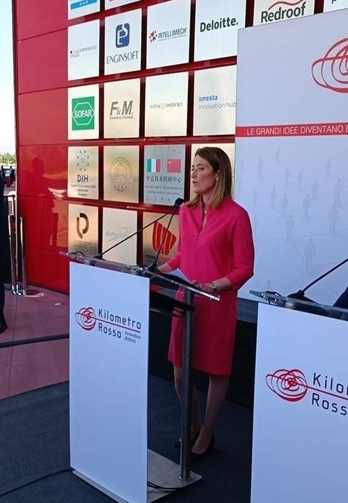 European Parliament President Roberta Metsola speaking at Kilometro Rosso