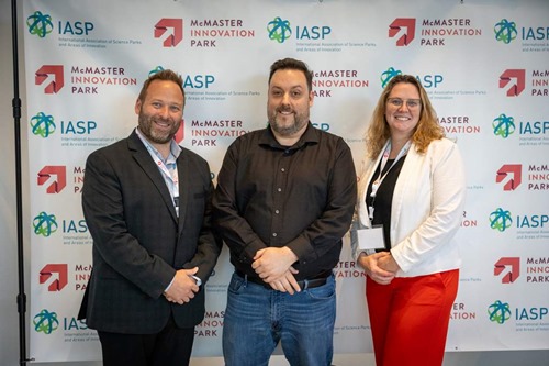 2024 and 2025 North American Division event hosts: Donovan St-Hilaire and Karine Guilbault (Saint-Hyacinthe Technopole) with Jonathan Hunt (McMaster Innovation Park).