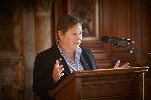 Gillian Docherty, University of Strathclyde, gives welcome address at Glasgow City Chambers.