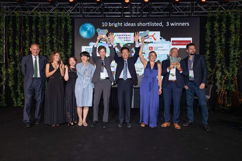 IASP Inspiring Solutions 2023 winners with IASP President Herbert Chen, IASP CEO Ebba Lund, and sponsor Here East